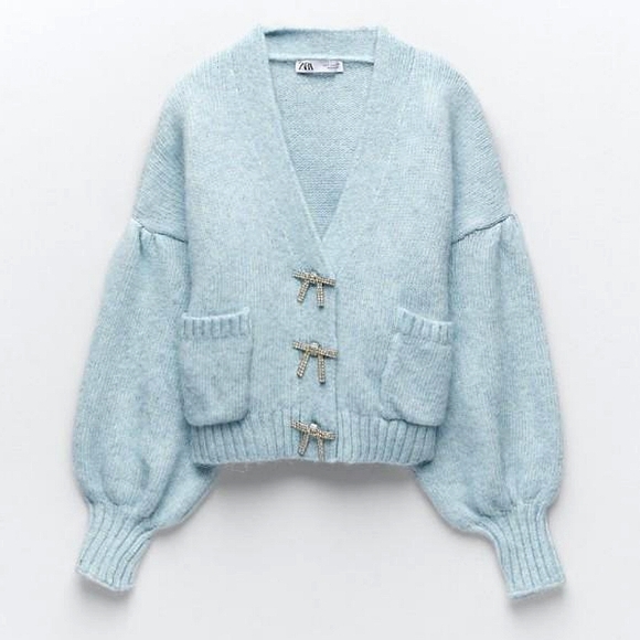 Zara Sweaters - Zara Jewel gem Rhinestone Bow Button balloon sleeve Cardigan sweater